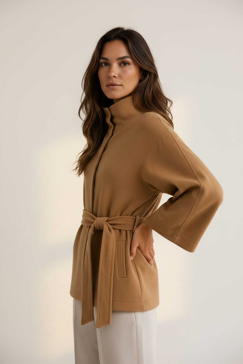 Elegant Cape Jacket | Women's Jacket with Stand Collar & Adjustable Belt | Flattering Fit for All Occasions