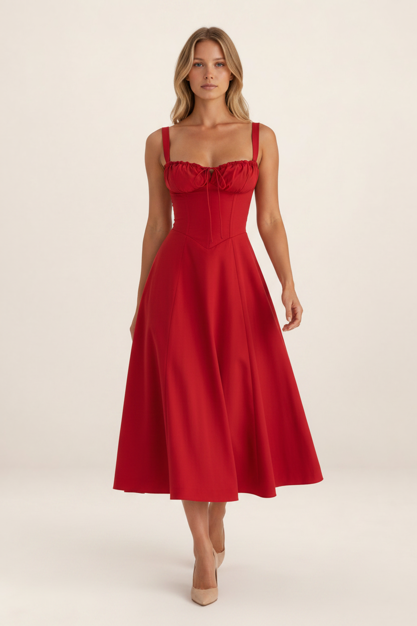 Elegant Midi Dress with Corset Bodice & Pleated Skirt for Special Occasions