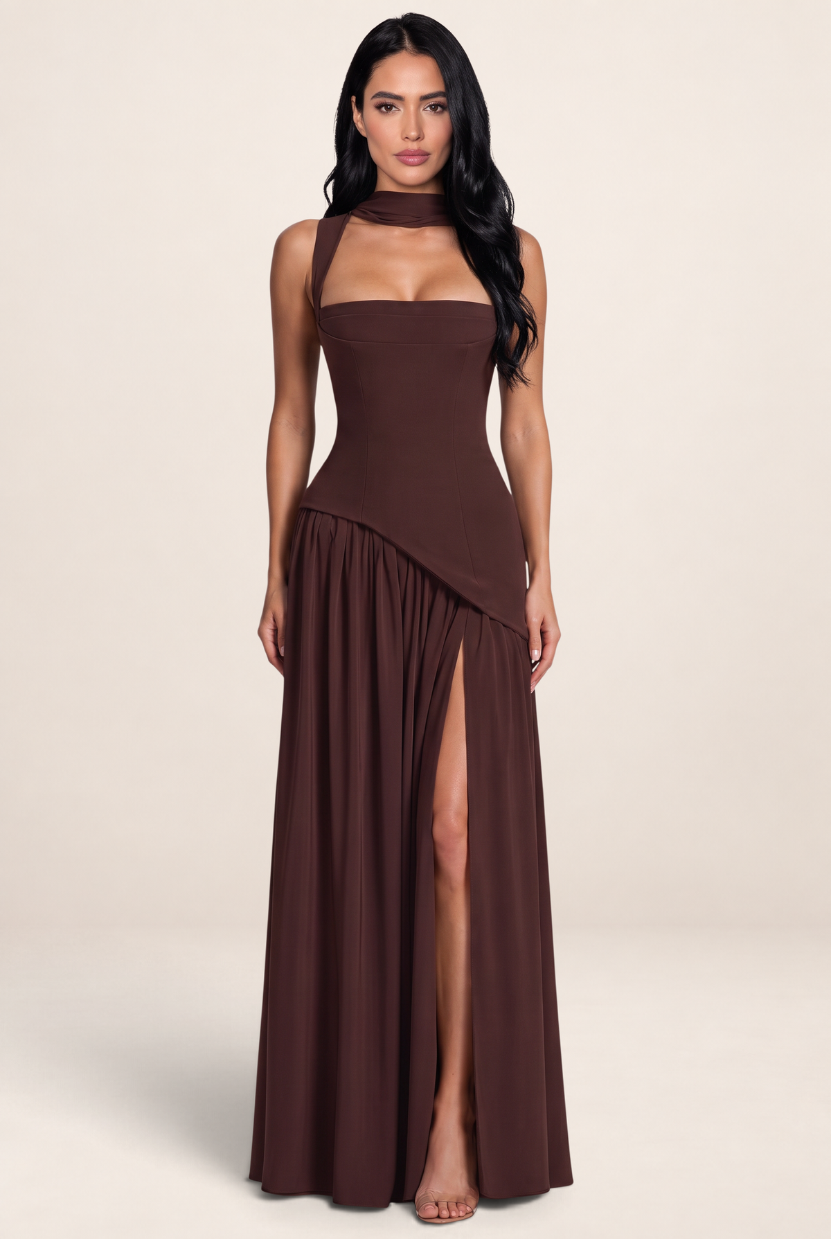 Women's Draped Satin Feel Maxi Dress - Sculpted Elegant Evening Wear