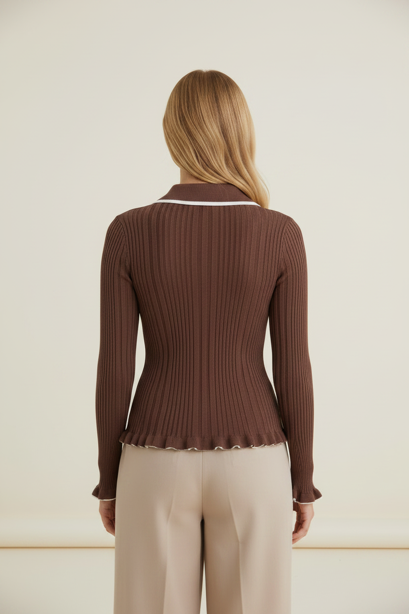 Elegant Knitwear | Women's Jumper with Ruffle Cuffs & Polo Collar | Fitted Long Sleeve Top for Effortless Style