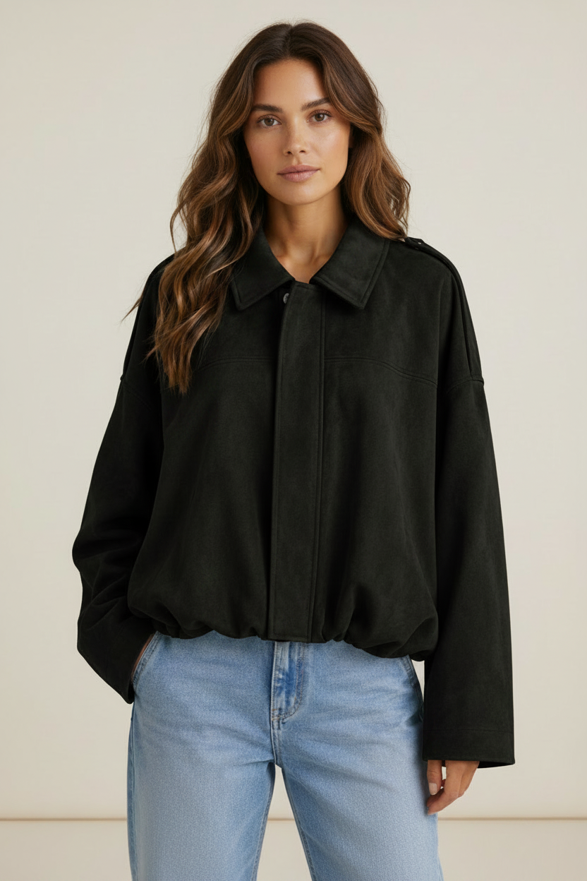 Stylish Suede Look Bomber Jacket with Oversized Fit for Everyday Comfort