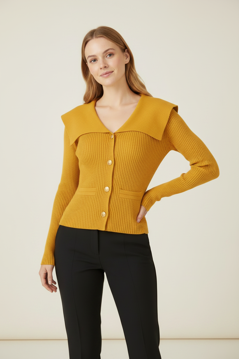 Elegant Knitwear | Women's Cardigan with Cape Collar & Gold Buttons | Chic Style for Effortless Outfits