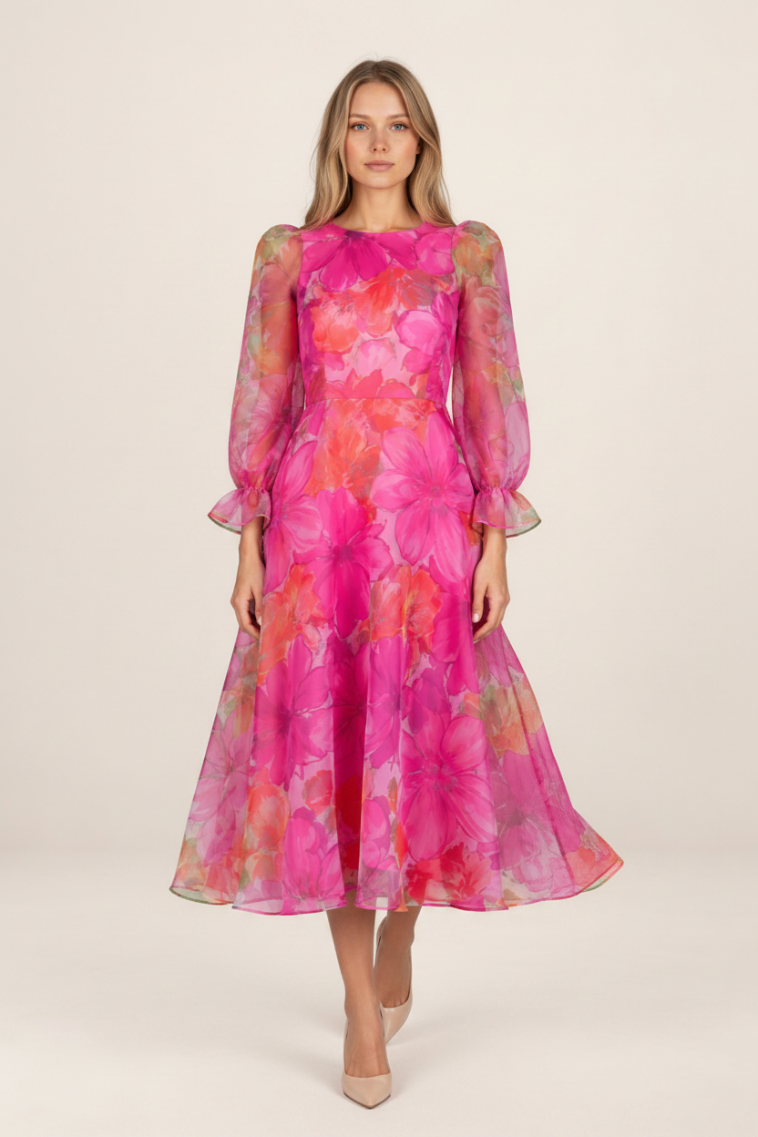 Floral Chiffon Midi Dress | Elegant Summer Dress with Sheer Sleeves | Perfect for Special Occasions