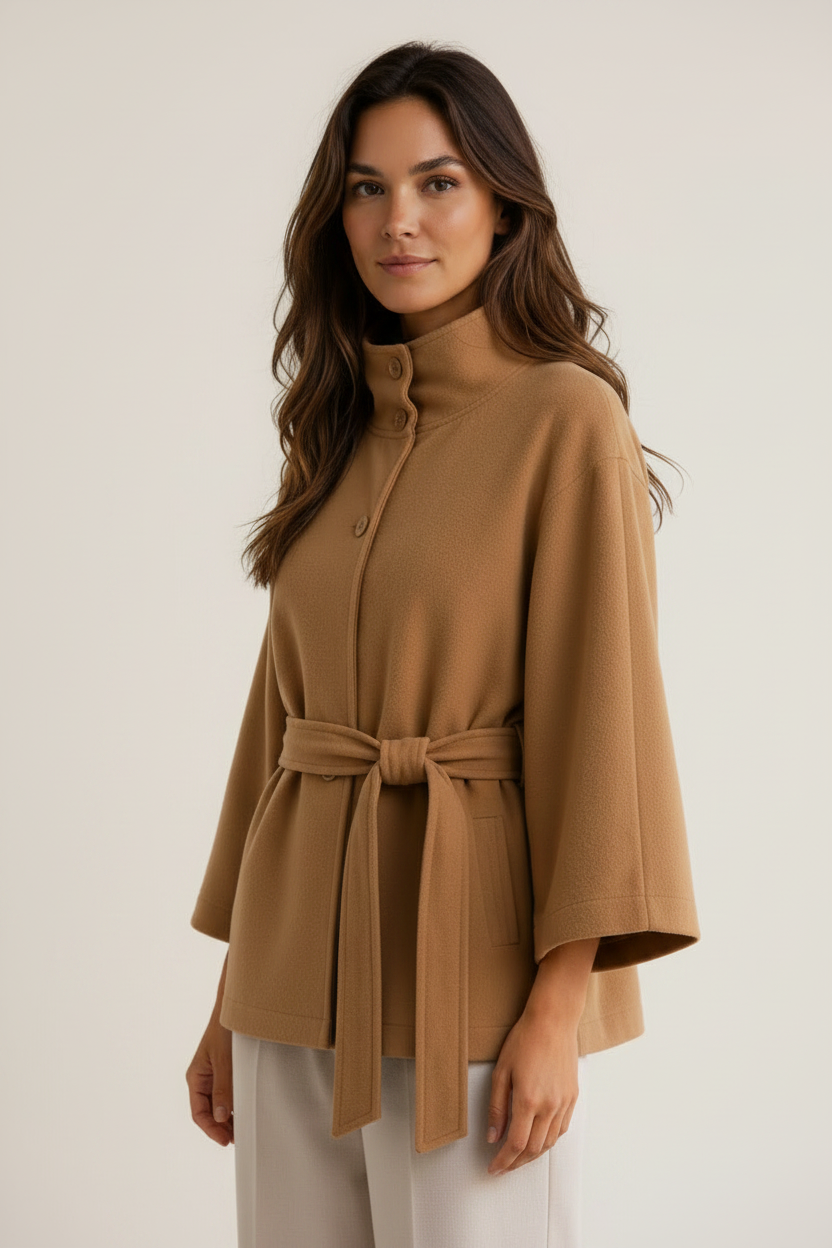 Elegant Cape Jacket | Women's Jacket with Stand Collar & Adjustable Belt | Flattering Fit for All Occasions