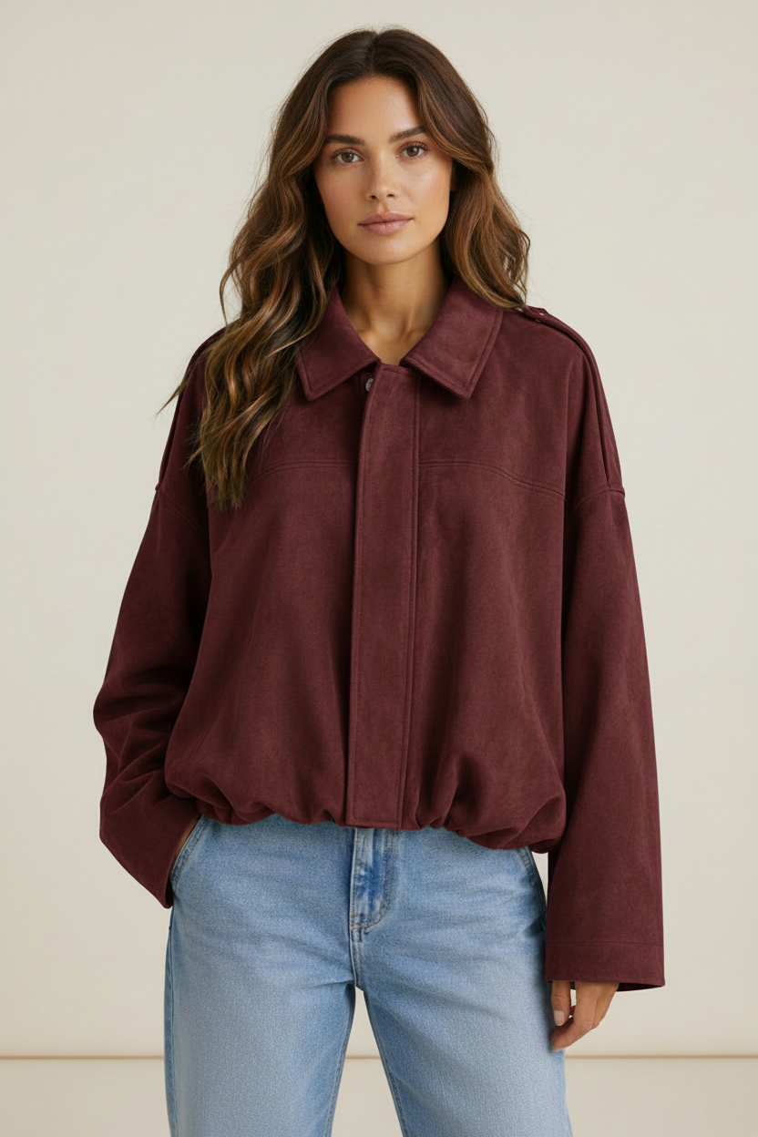 Stylish Suede Look Bomber Jacket with Oversized Fit for Everyday Comfort