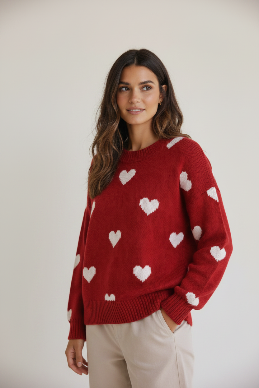 Charming Knitwear | Women's Sweater with Heart Print Design | Cozy Jumper for Everyday Comfort