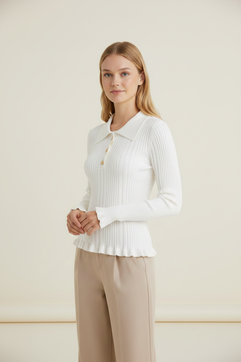 Elegant Knitwear | Women's Jumper with Ruffle Cuffs & Polo Collar | Fitted Long Sleeve Top for Effortless Style