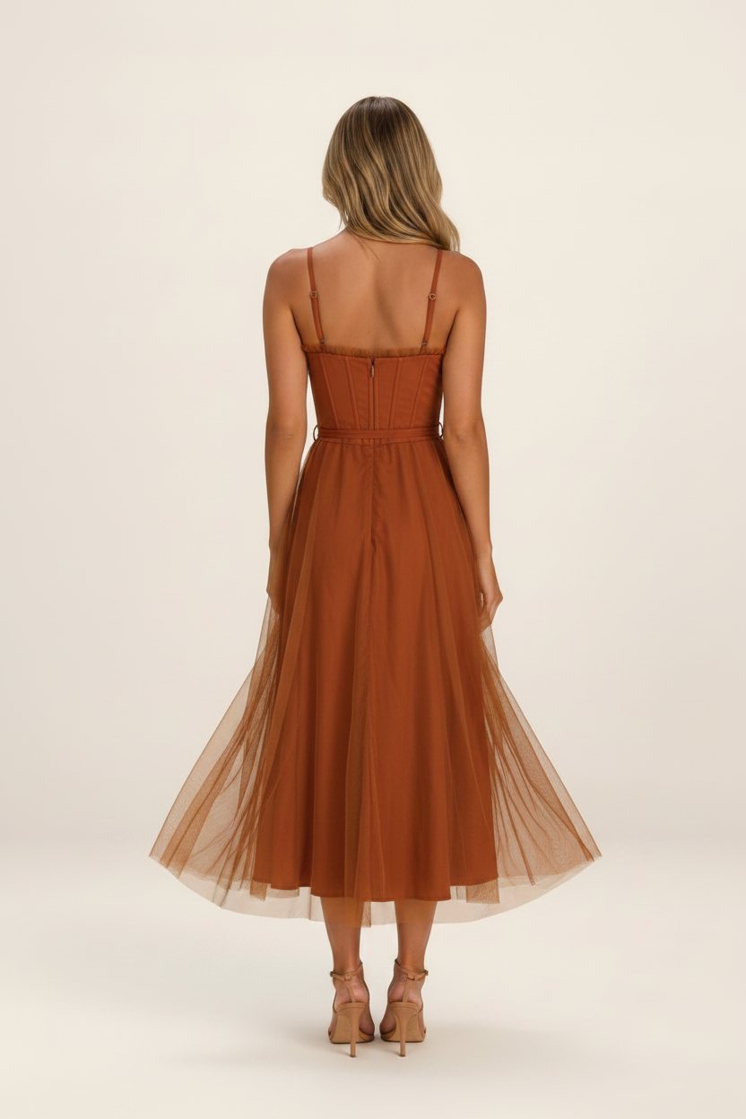 Elegant Midi Dress | Tulle Overlay with Corset Bodice & Tie Waist | Perfect for Special Occasions