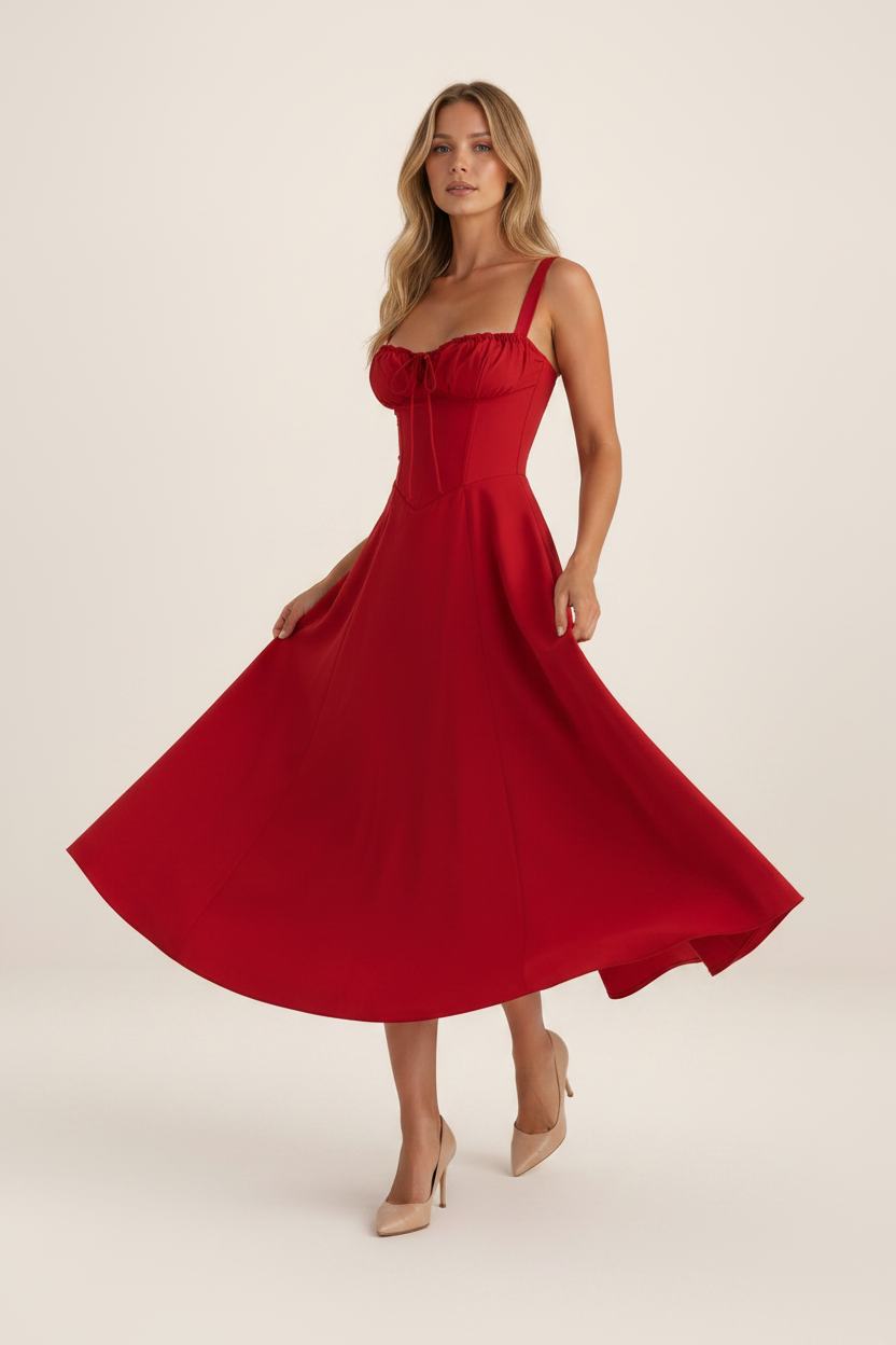 Elegant Midi Dress with Corset Bodice & Pleated Skirt for Special Occasions