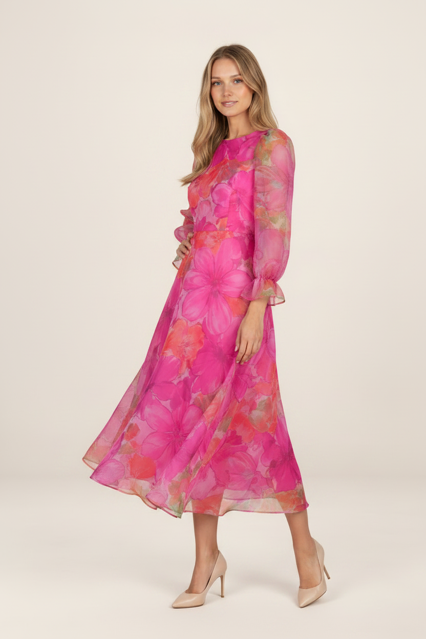 Floral Chiffon Midi Dress | Elegant Summer Dress with Sheer Sleeves | Perfect for Special Occasions