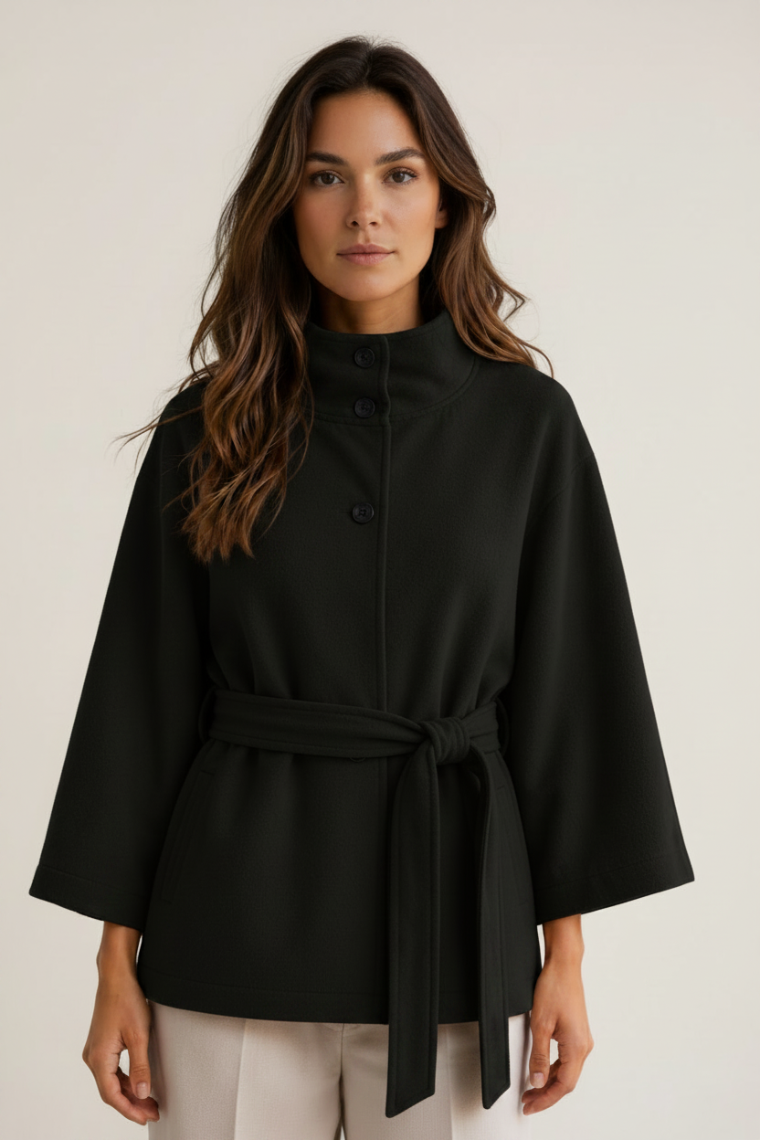 Elegant Cape Jacket | Women's Jacket with Stand Collar & Adjustable Belt | Flattering Fit for All Occasions