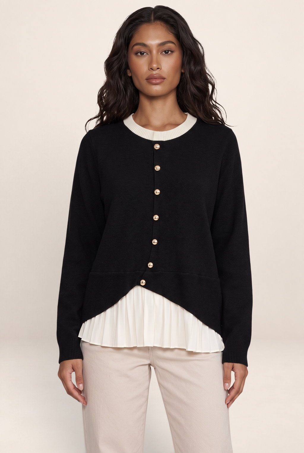 Women’s Layered Knit Cardigan – Button Front Pleated Hem Jumper