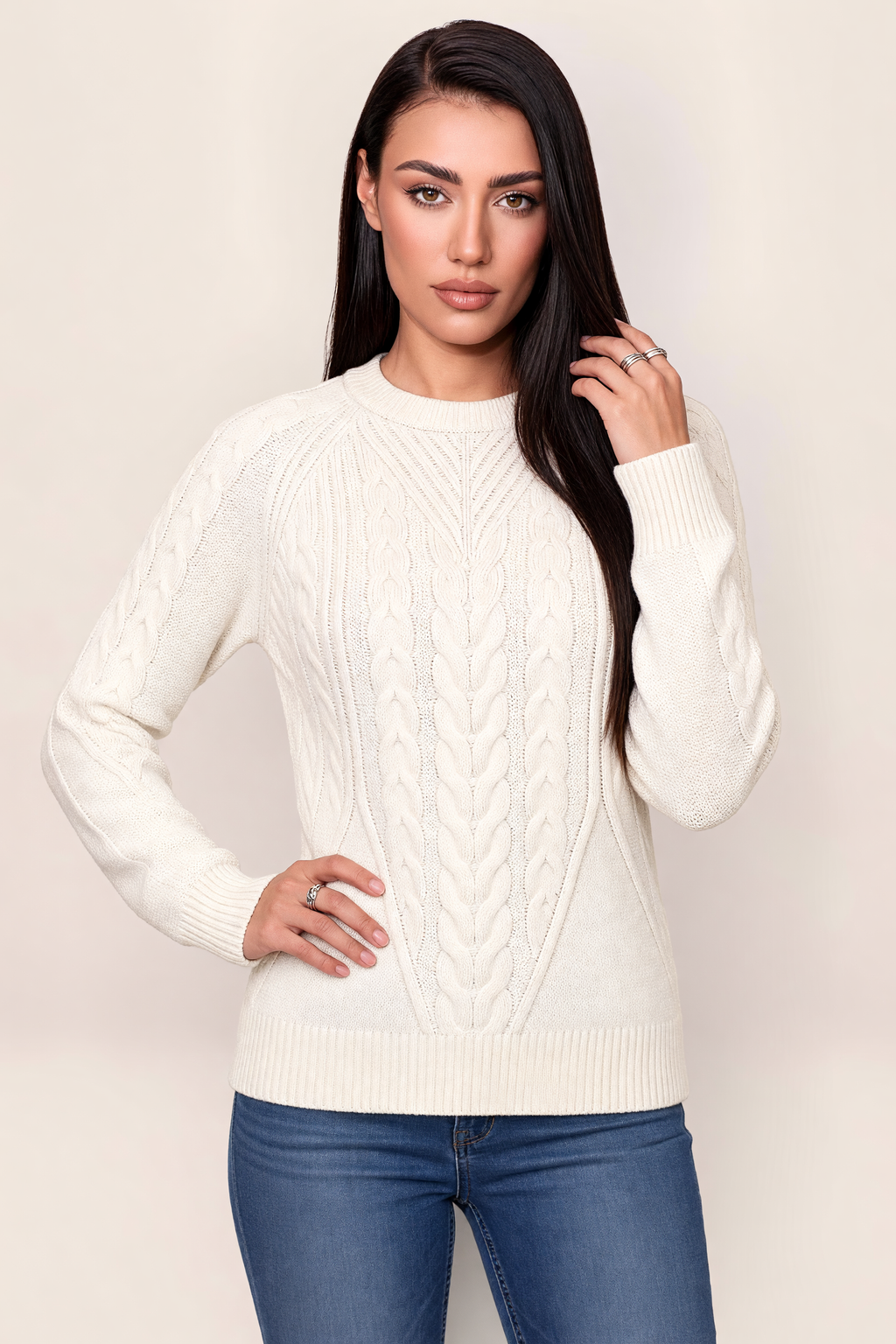 Women’s Cable Knit Jumper – Crew Neck Long Sleeve Knitted Sweater