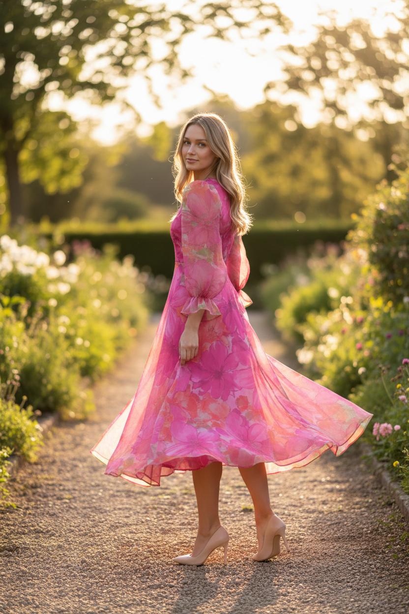 Floral Chiffon Midi Dress | Elegant Summer Dress with Sheer Sleeves | Perfect for Special Occasions
