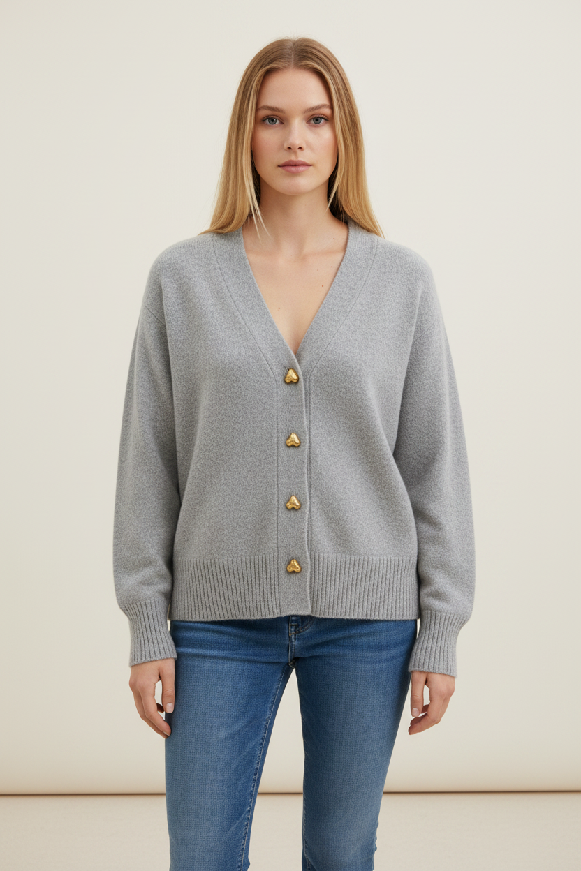 Elegant Knit | Women's Cardigan Sweater with Heart Buttons | Soft V-Neck Design for Everyday Comfort