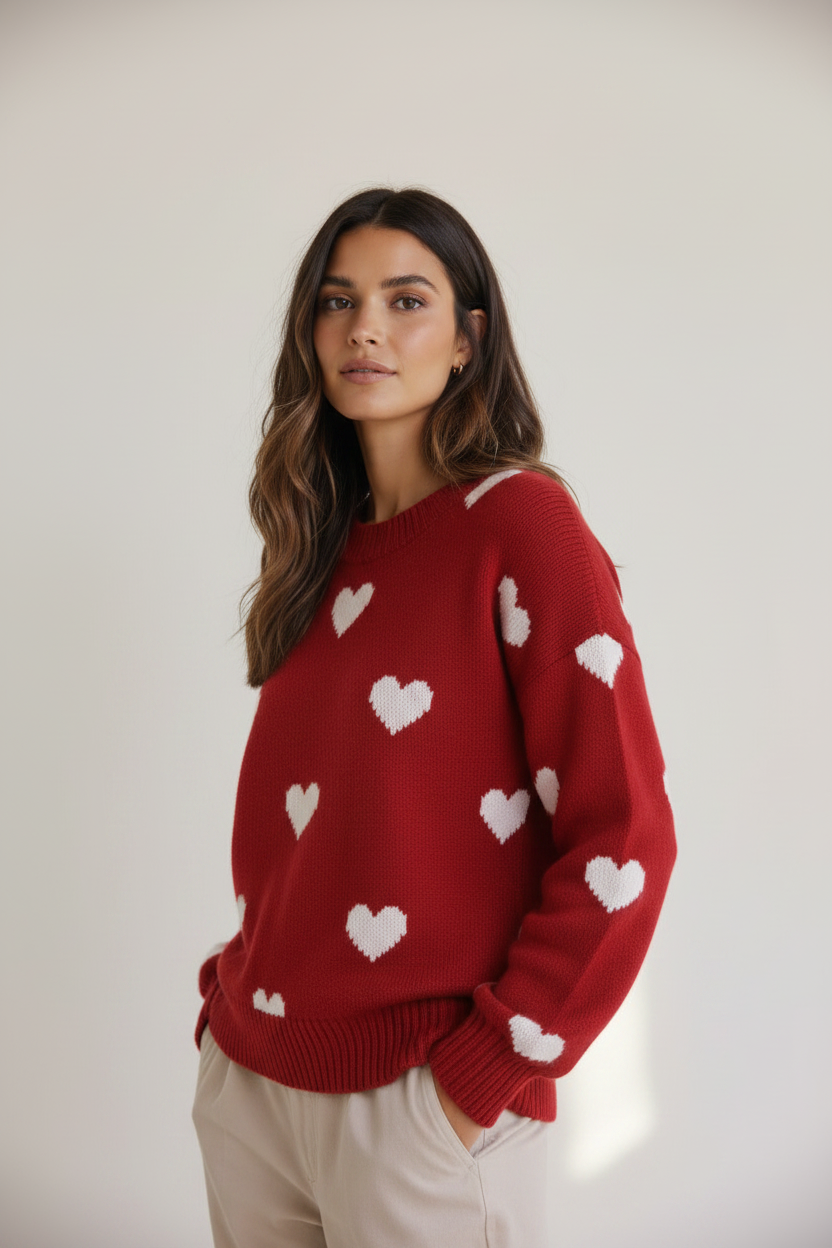 Charming Knitwear | Women's Sweater with Heart Print Design | Cozy Jumper for Everyday Comfort