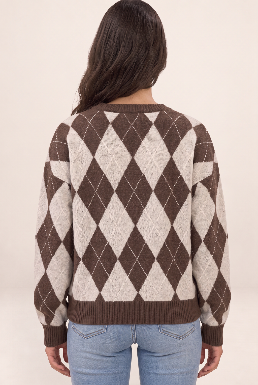Women’s Argyle Knit Jumper – Crew Neck Long Sleeve Diamond Pattern Sweater