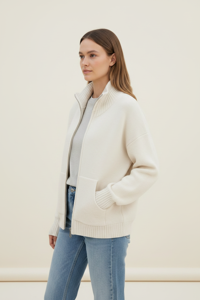 Elegant Knitwear Women | Cream Knitted Cardigan with Cozy Funnel Neck Design | Versatile Layering for Warmth and Style