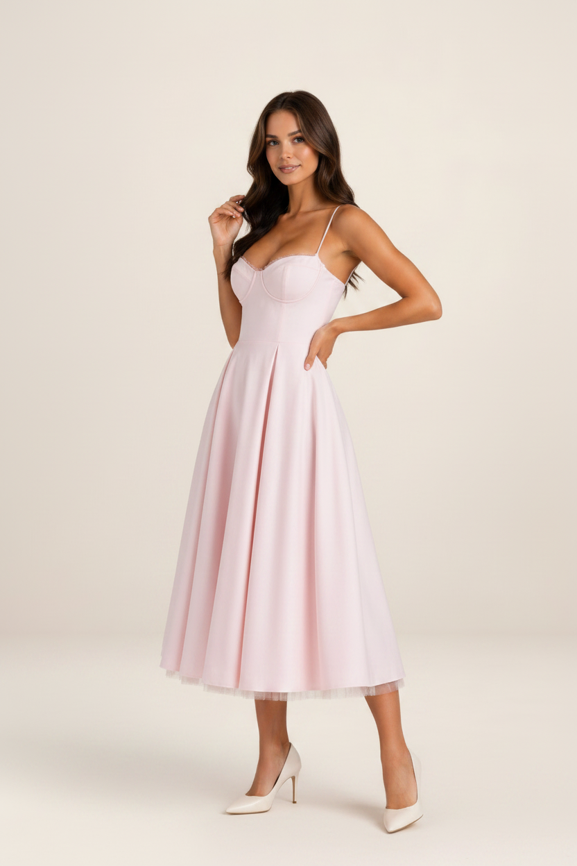 Elegant Midi Dress with Corset Bodice & Flowing Skirt for Special Occasions