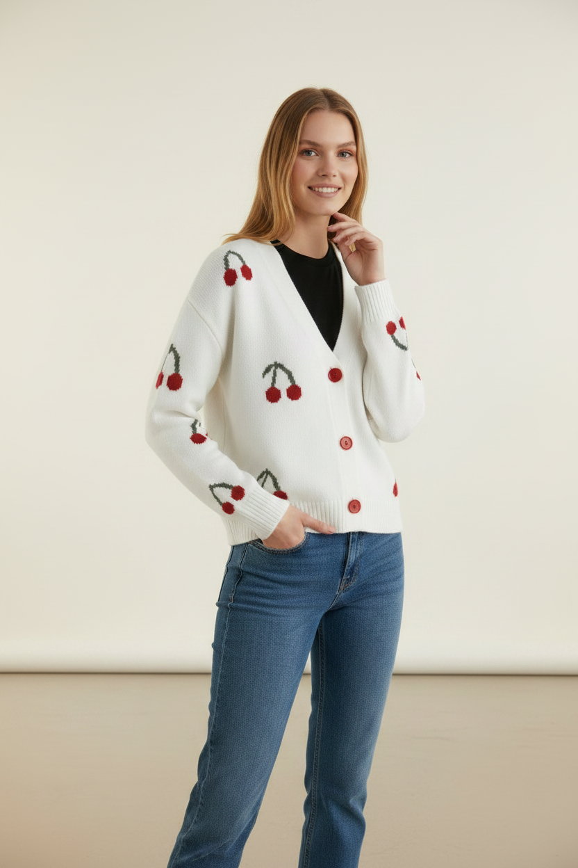 Charming Knitwear | Women's Cardigan with Cherry Print Design | Cozy Layering for Everyday Style