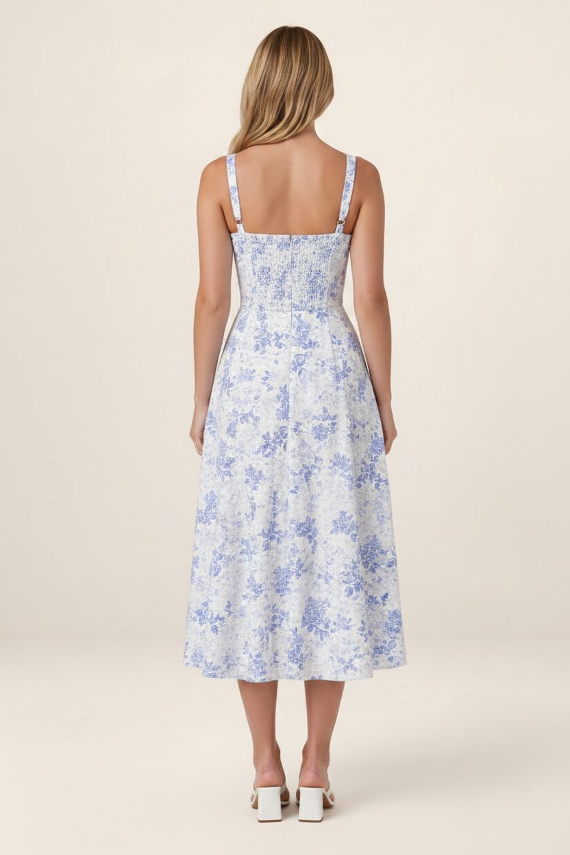 Elegant Floral Midi Dress with Corset Bodice & Sweetheart Neckline for Timeless Style