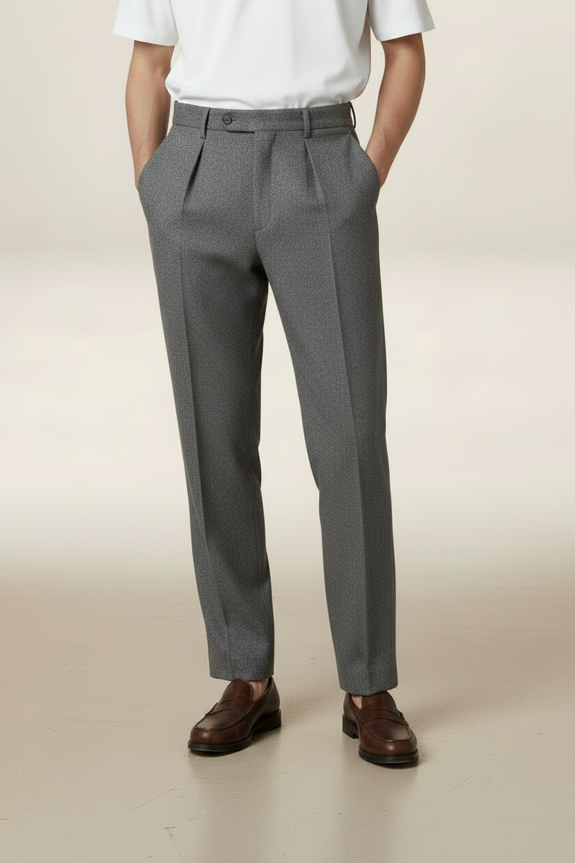 Men’s Herringbone Pleated Tailored Trousers – Straight Leg Smart Fit