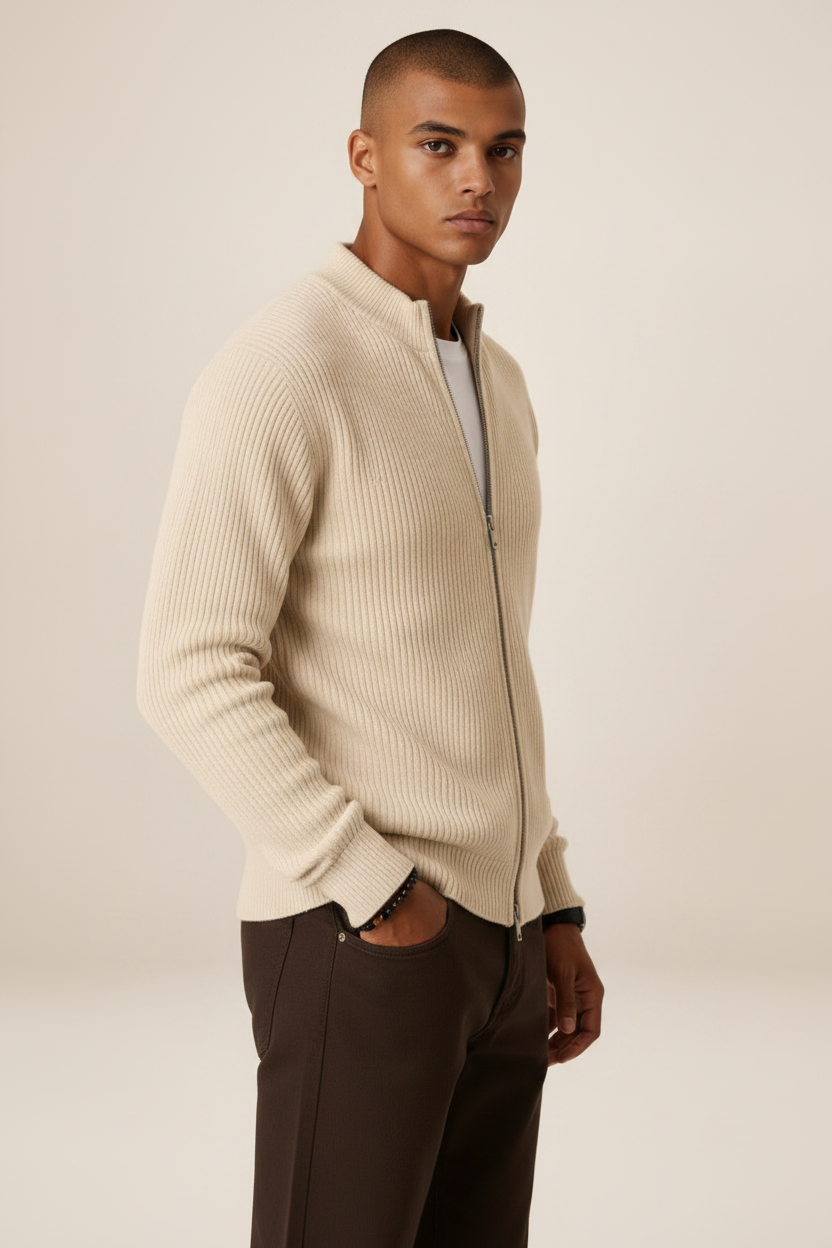 Men's Full Zip Knit Cardigan Sweater Ribbed Zip-Up Jacket