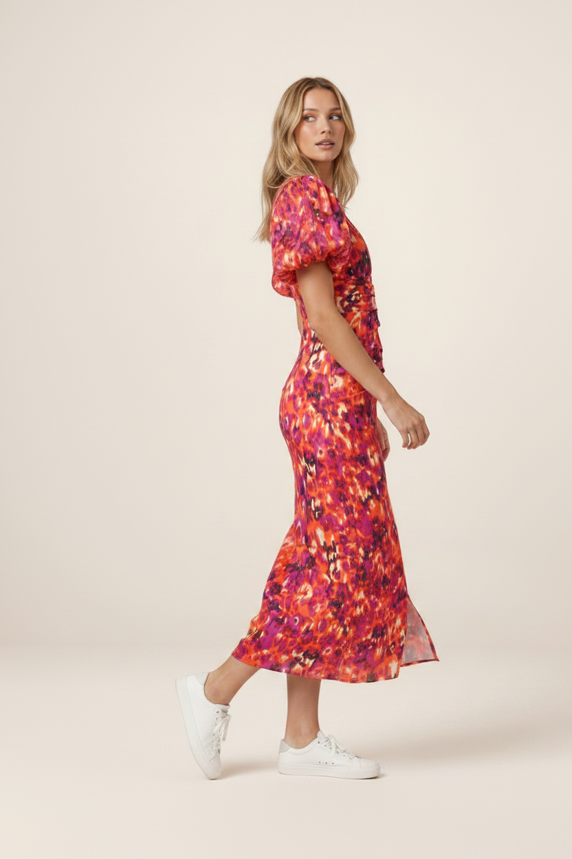 Elegant Midi Dress | Women's V-Neck Puff Sleeve Design with Vibrant Print | Flattering Fit for Summer Occasions