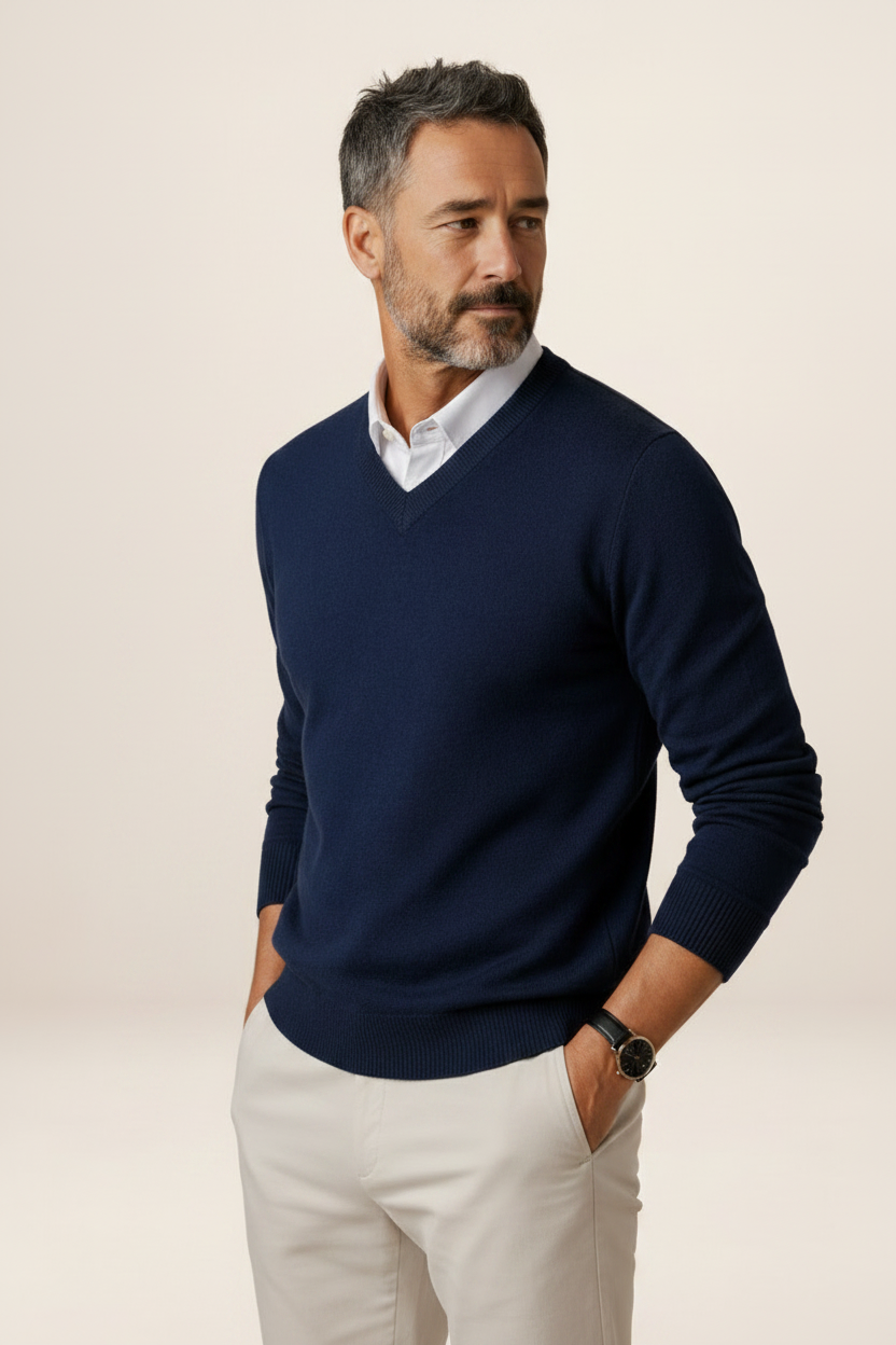 Men's V-Neck Knit Sweater - Casual Pullover