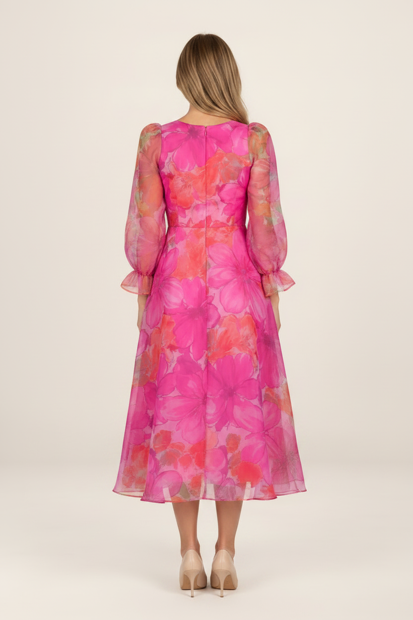 Floral Chiffon Midi Dress | Elegant Summer Dress with Sheer Sleeves | Perfect for Special Occasions