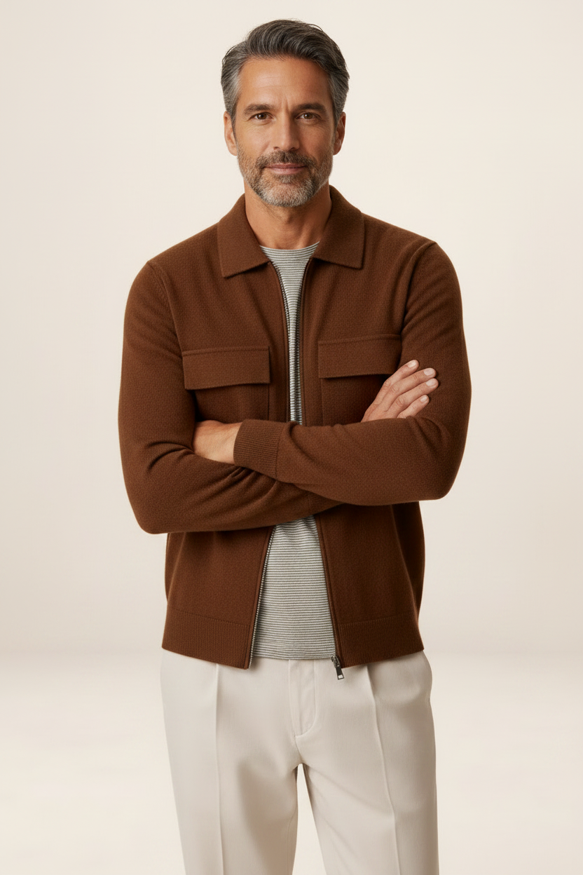 Men's Knit Jacket Full Zip Overshirt Smart Casual