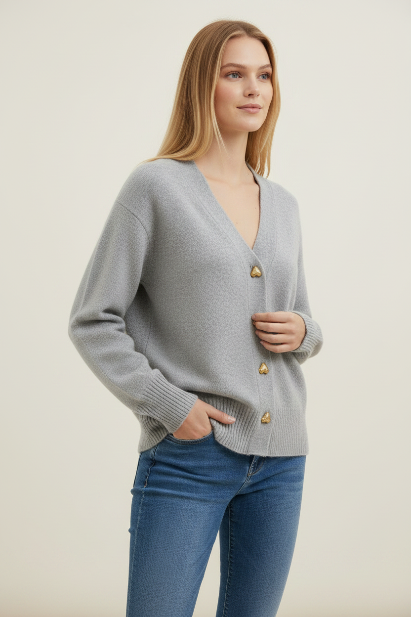 Elegant Knit | Women's Cardigan Sweater with Heart Buttons | Soft V-Neck Design for Everyday Comfort