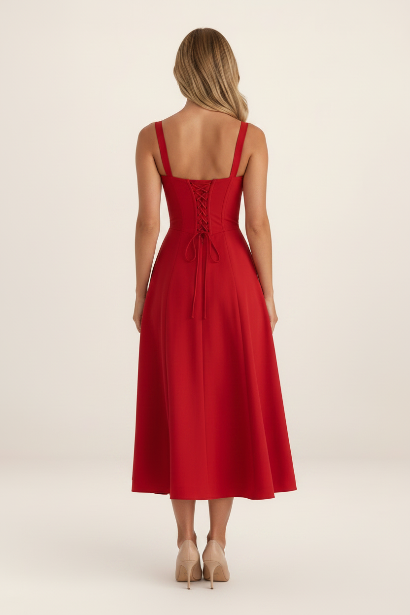 Elegant Midi Dress with Corset Bodice & Pleated Skirt for Special Occasions