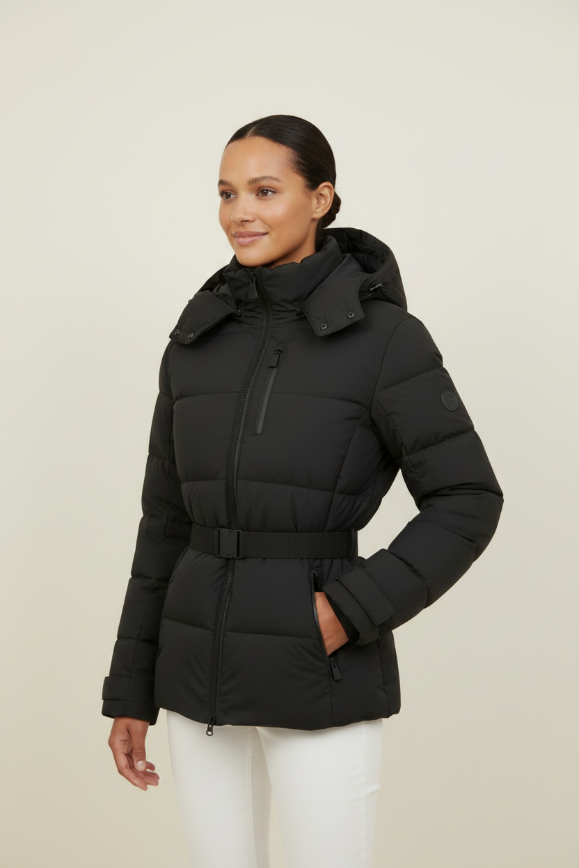 Cozy Essentials | Women's Black Puffer Jacket with Adjustable Belt | Stylish Insulation for Cold Weather