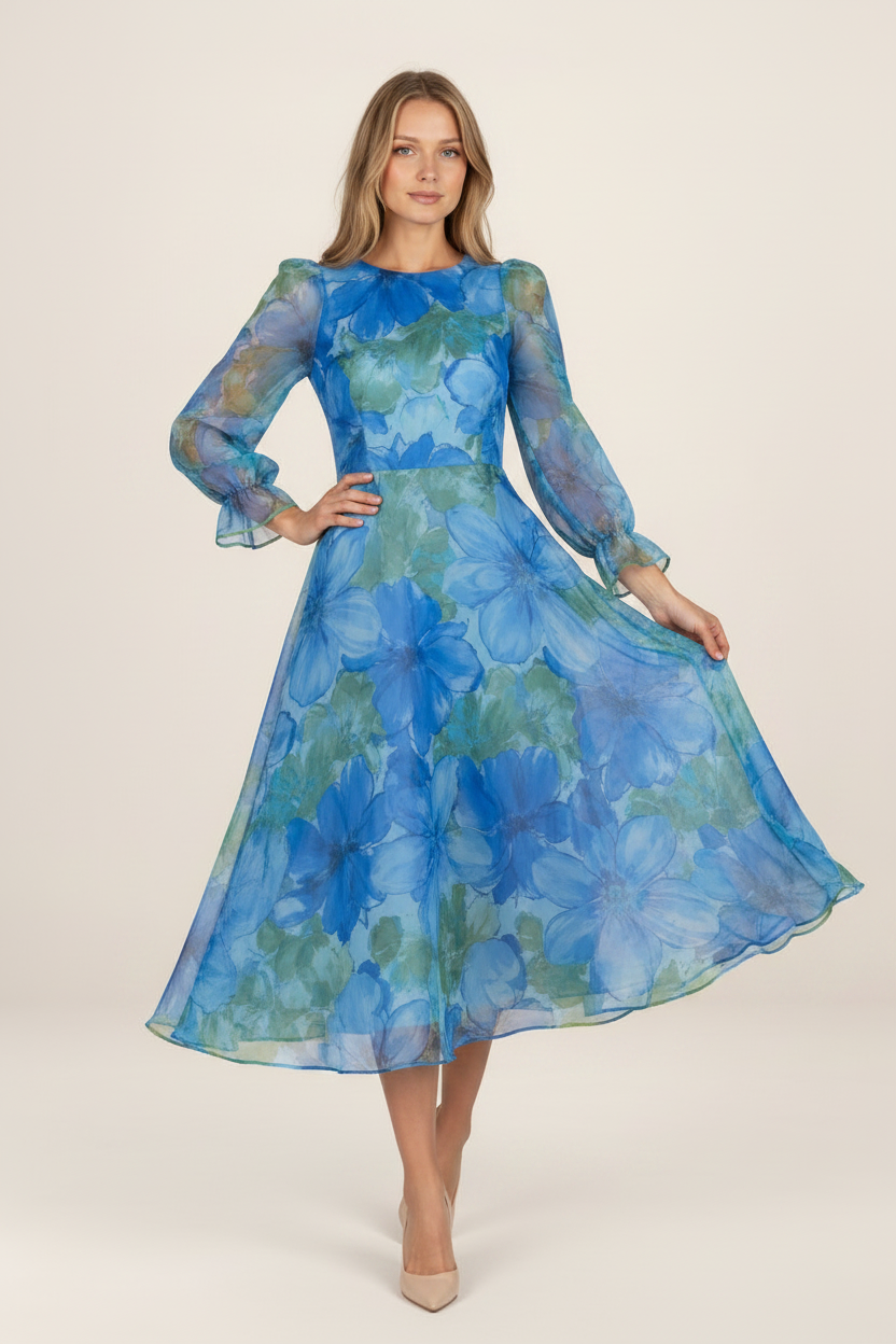 Floral Chiffon Midi Dress | Elegant Summer Dress with Sheer Sleeves | Perfect for Special Occasions