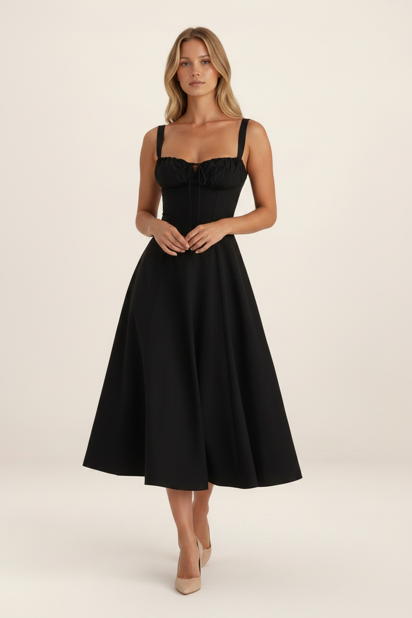 Elegant Midi Dress with Corset Bodice & Pleated Skirt for Special Occasions