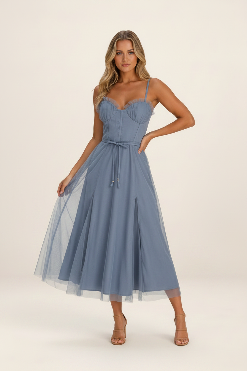 Elegant Midi Dress | Tulle Overlay with Corset Bodice & Tie Waist | Perfect for Special Occasions