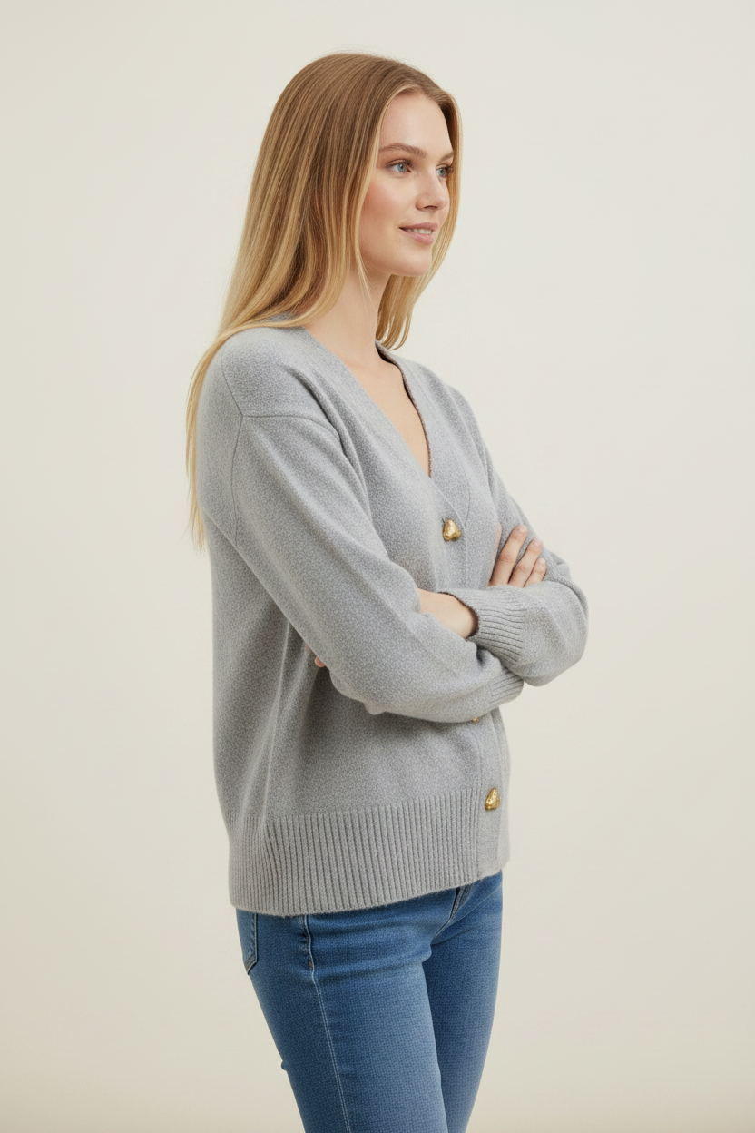 Elegant Knit | Women's Cardigan Sweater with Heart Buttons | Soft V-Neck Design for Everyday Comfort