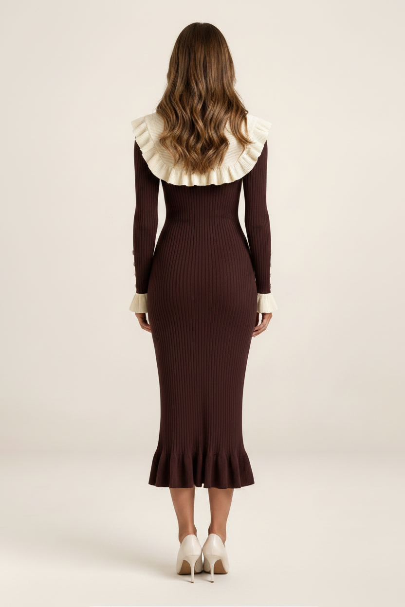 Elegant Knit Midi Dress with Ruffle Collar & Flared Cuffs for Timeless Style