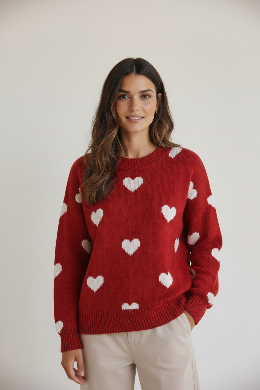 Charming Knitwear | Women's Sweater with Heart Print Design | Cozy Jumper for Everyday Comfort