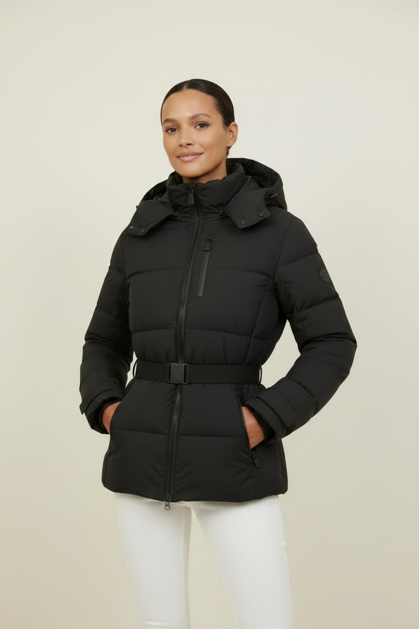 Cozy Essentials | Women's Black Puffer Jacket with Adjustable Belt | Stylish Insulation for Cold Weather