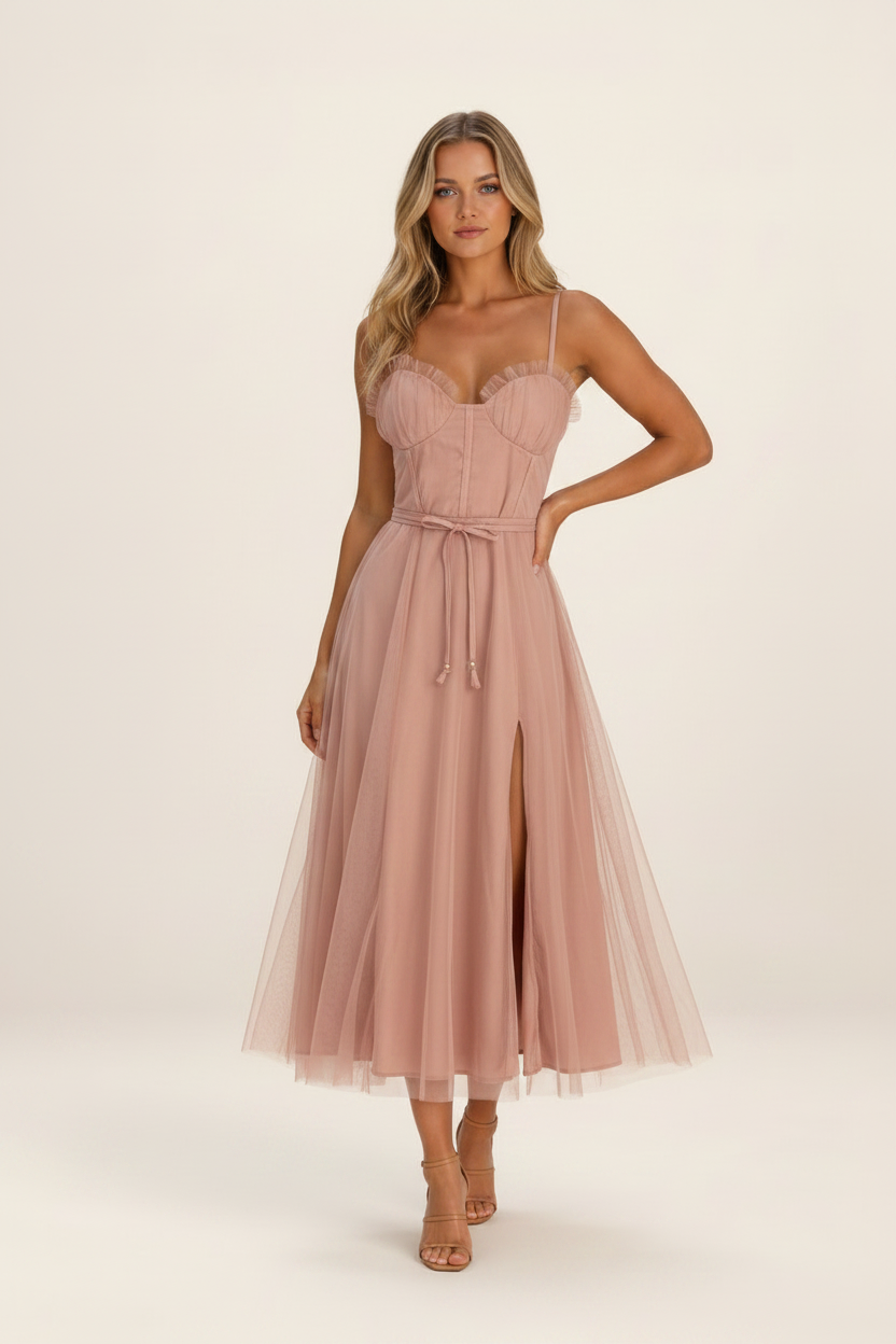 Elegant Midi Dress | Tulle Overlay with Corset Bodice & Tie Waist | Perfect for Special Occasions