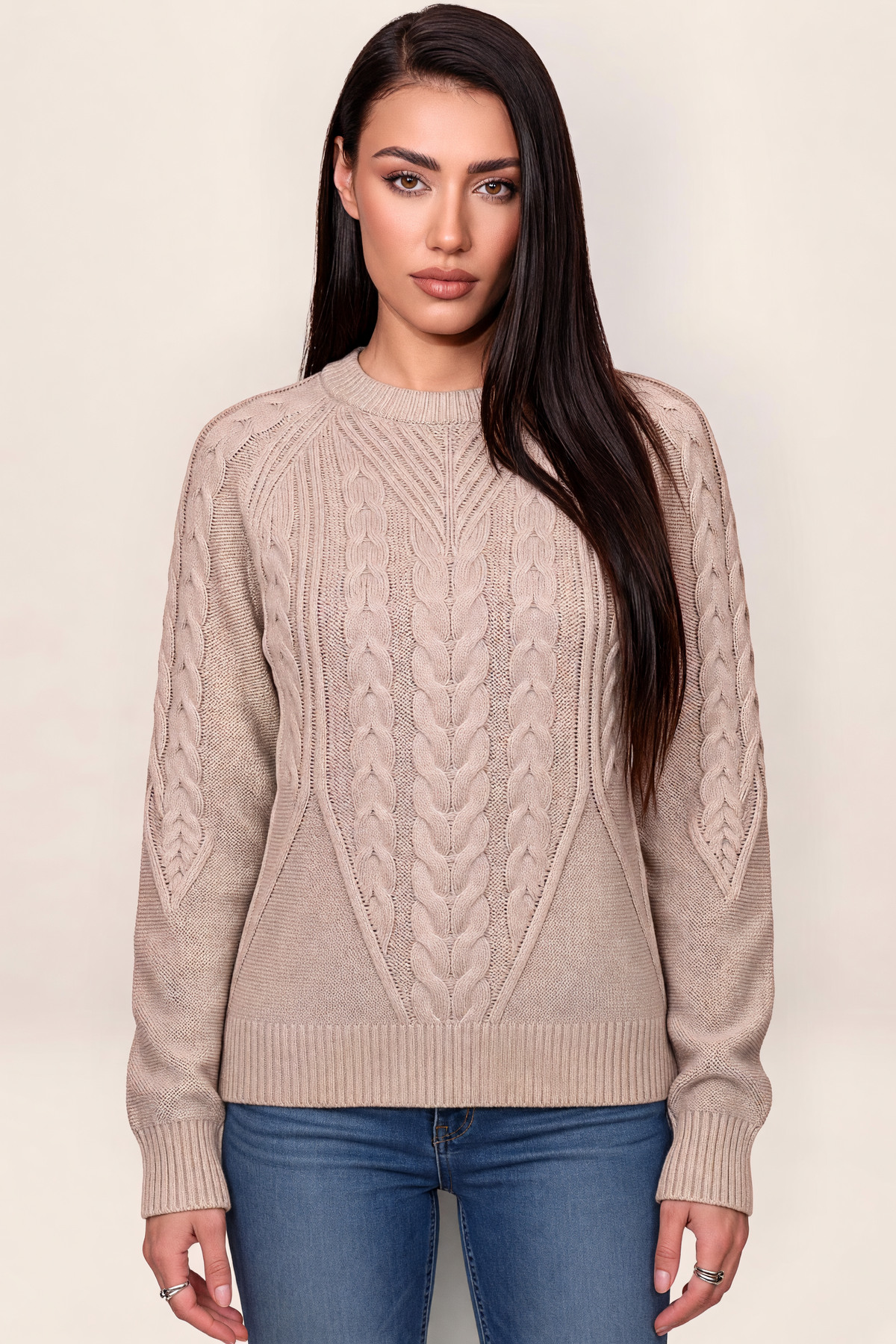 Women’s Cable Knit Jumper – Crew Neck Long Sleeve Knitted Sweater