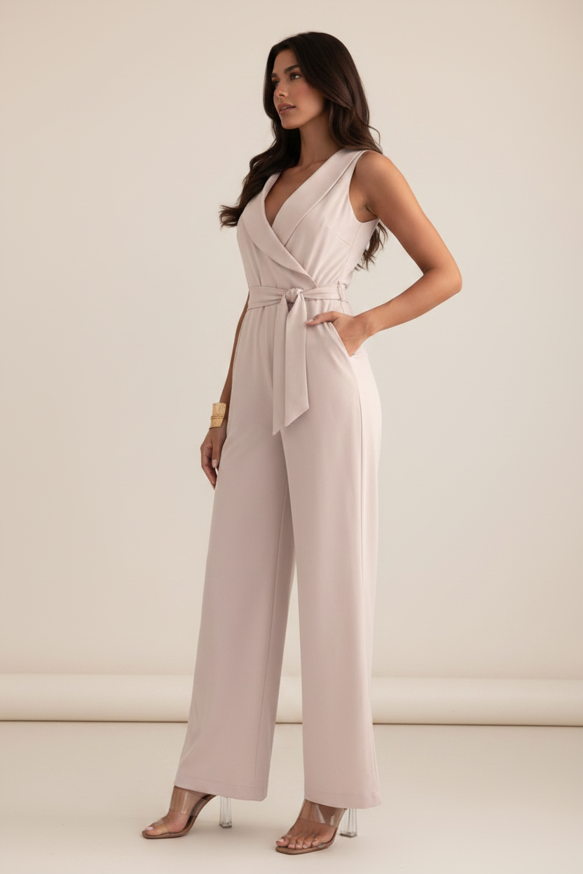 White Jumpsuit for Women with Tie Waist & Wide Leg Design for Effortless Style
