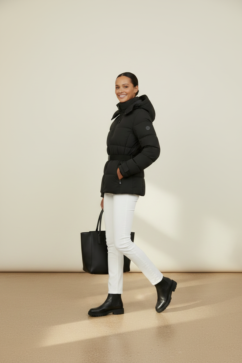 Cozy Essentials | Women's Black Puffer Jacket with Adjustable Belt | Stylish Insulation for Cold Weather