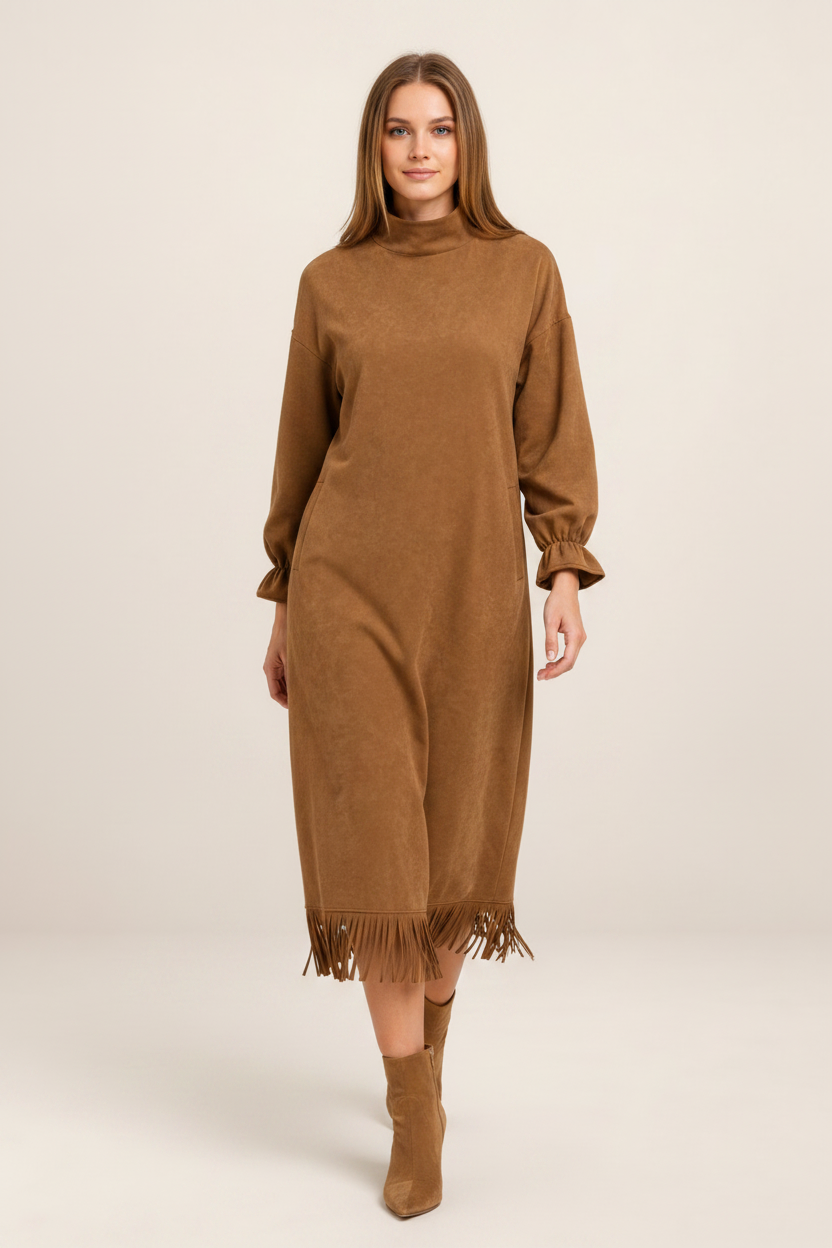 Elegant Midi Dress with High Neck & Fringe Hem for Effortless Style