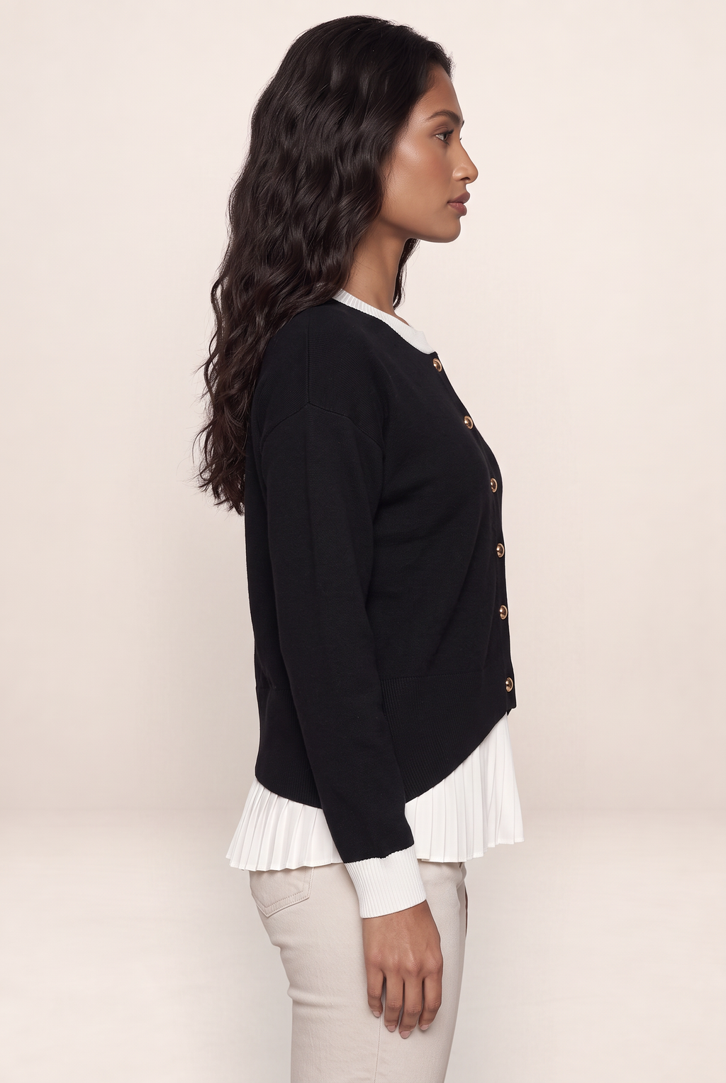 Women’s Layered Knit Cardigan – Button Front Pleated Hem Jumper