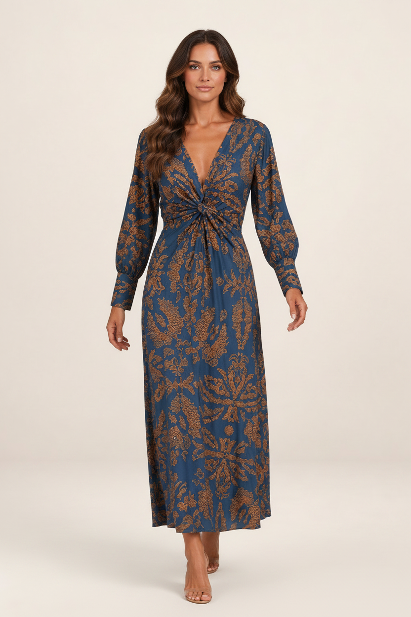 Elegant Midi Dress | Women's Printed V-Neck Dress with Knot-Front Detail | Flattering Silhouette for Special Occasions