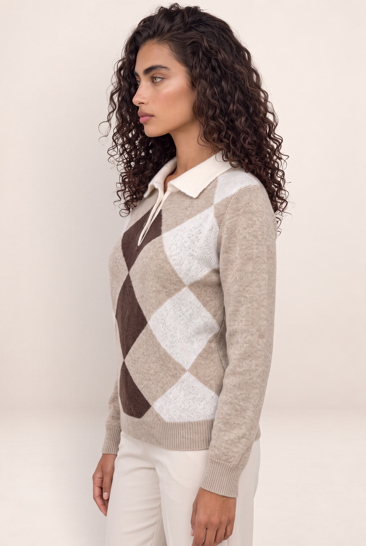Women’s Argyle Collared Jumper – Button Neck Long Sleeve Knit Sweater