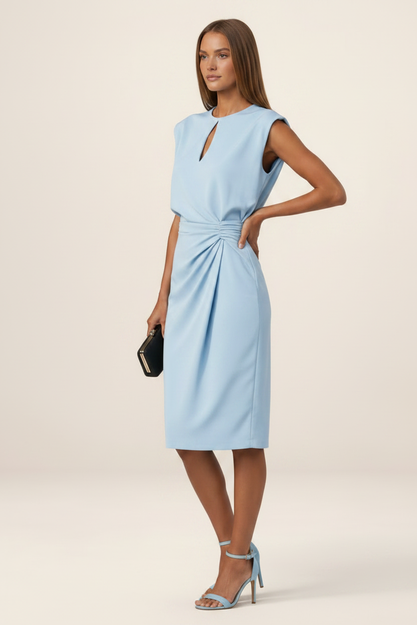 Elegant Midi Dress with Keyhole Neckline & Ruched Waist for Versatile Style